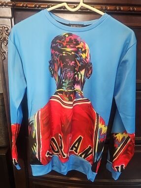 Source Unknown Bright Blue Crewneck Sweatshirt with Multicolor Graphic